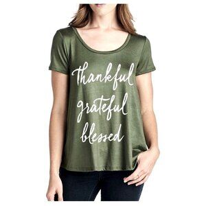 Womens Thankful Grateful Blessed Flowy GREEN Stretch A Line Loose T-Shirt Size M